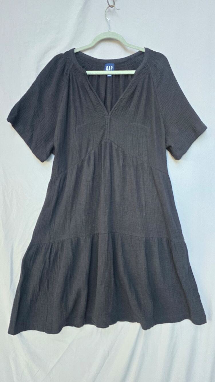 Gap Dress Womens Large Black V Neck Short Sleeve Trapeze Swing Pockets Gauze